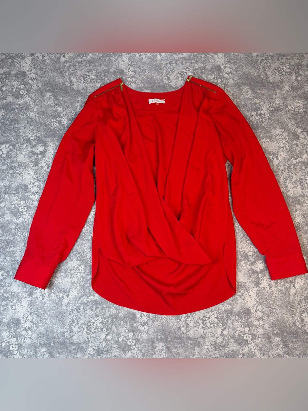 Calvin Klein Draped Wrap Blouse Size M Red Long Sleeve